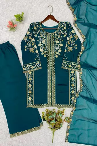 Teal silk blend embroidered palazzo set
