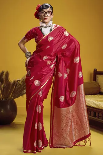 Red pure satin handloom weaving silk blend festival wear saree