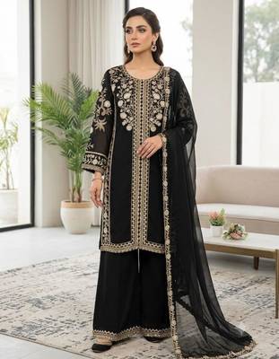 Black silk blend embroidered palazzo set 1