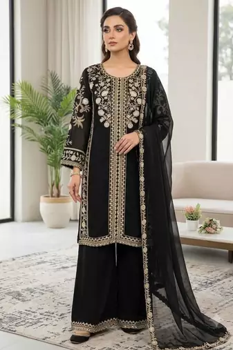 Black silk blend embroidered palazzo set