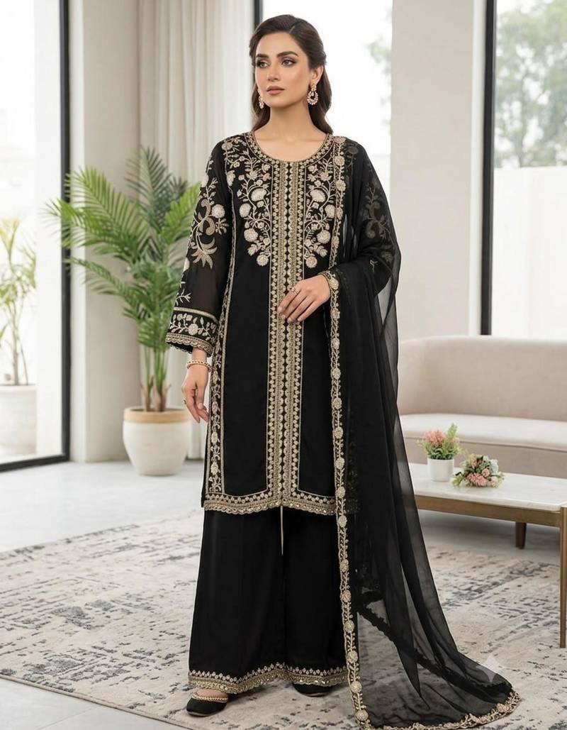 Black silk blend embroidered palazzo set