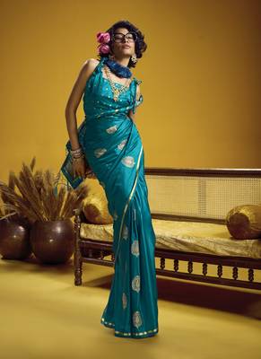 Teal pure satin handloom weaving silk blend festival wear saree 1