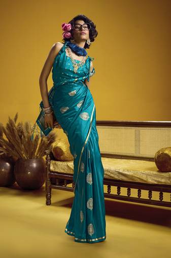 Teal pure satin handloom weaving silk blend festival wear saree
