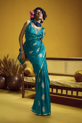 Teal pure satin handloom weaving silk blend festival wear saree