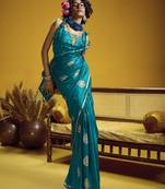 Teal pure satin handloom weaving silk blend festival wear saree