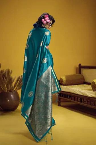 Teal pure satin handloom weaving silk blend festival wear saree