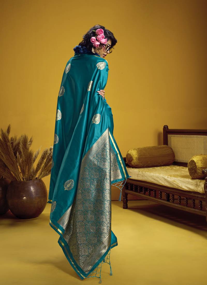Teal pure satin handloom weaving silk blend festival wear saree