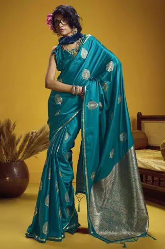 Teal pure satin handloom weaving silk blend festival wear saree