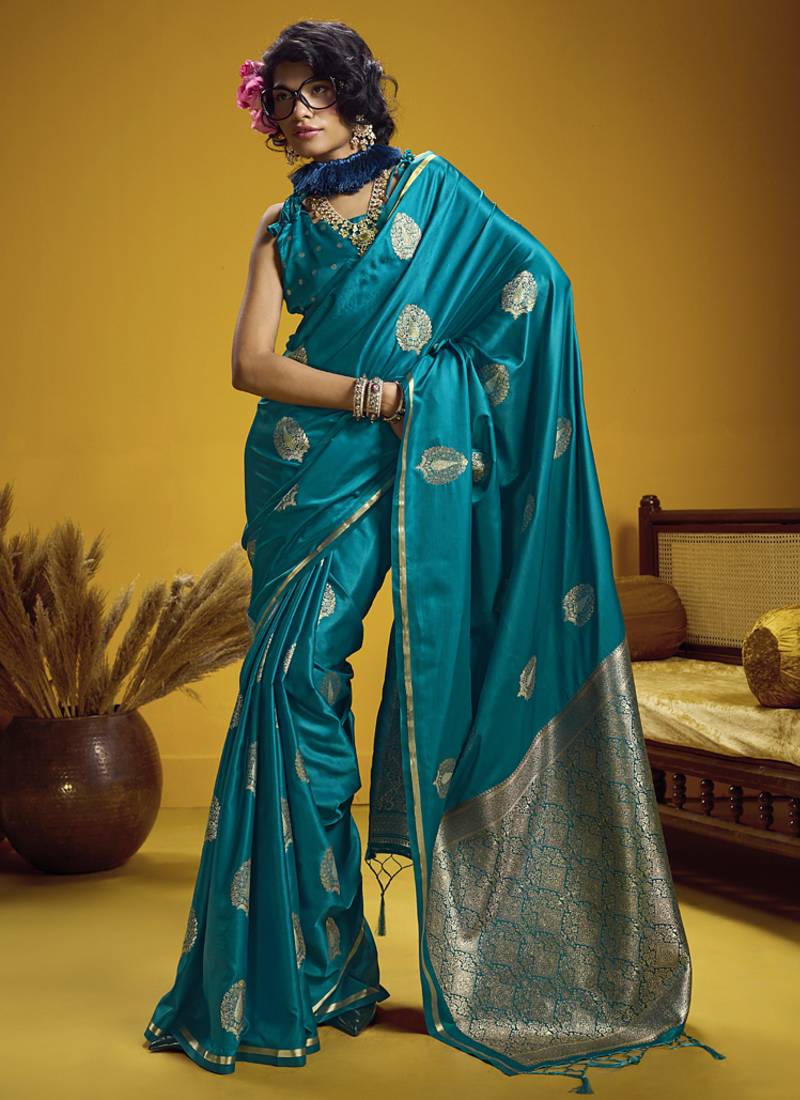 Teal pure satin handloom weaving silk blend festival wear saree