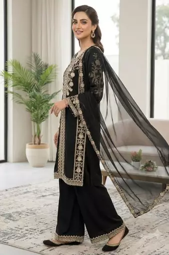 Black silk blend embroidered palazzo set