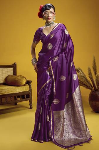 Wine pure satin handloom weaving silk blend festival wear saree