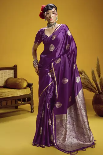 Wine pure satin handloom weaving silk blend festival wear saree