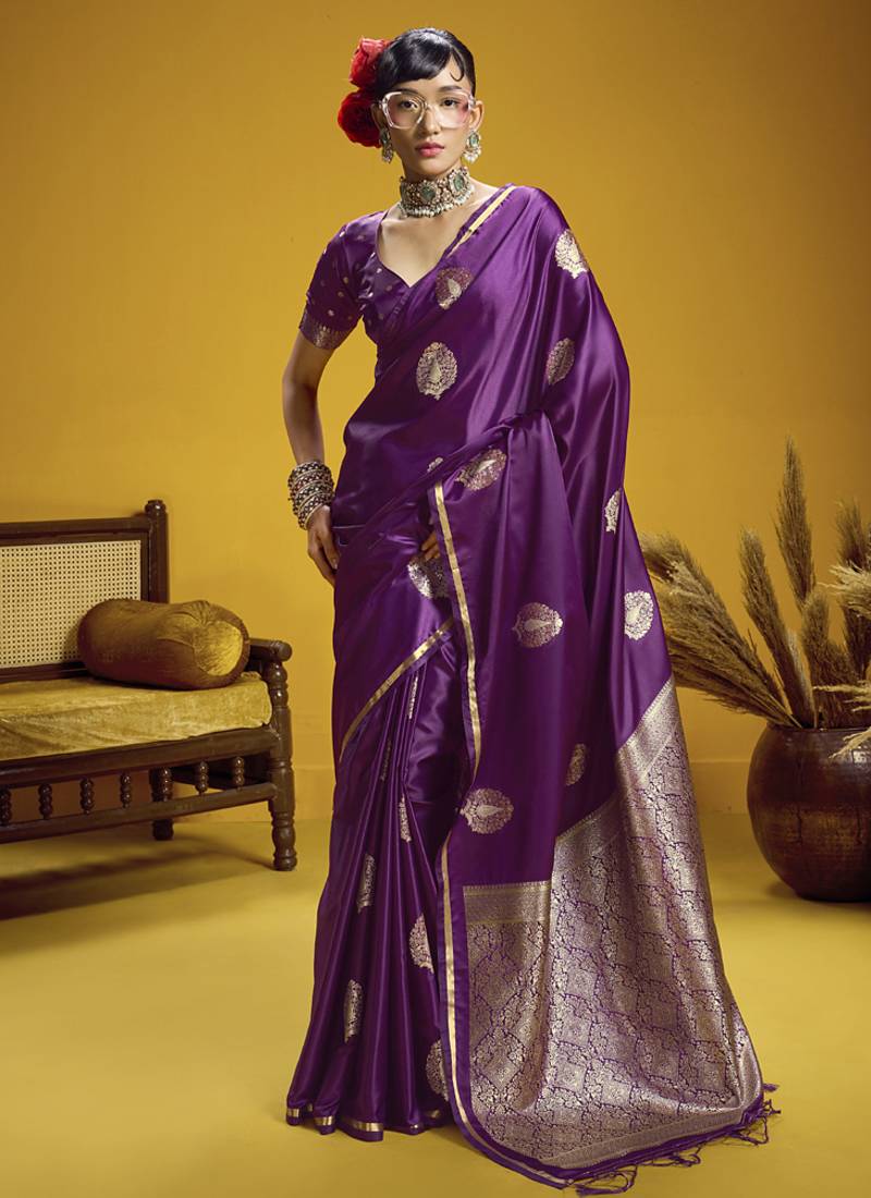 Wine pure satin handloom weaving silk blend festival wear saree