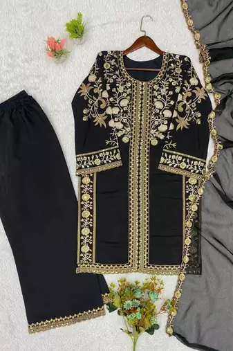 Black silk blend embroidered palazzo set
