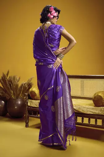 Wine pure satin handloom weaving silk blend festival wear saree
