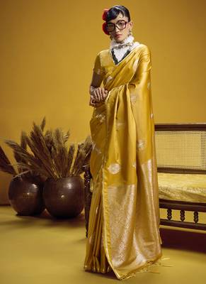 Gold pure satin handloom weaving silk blend festival wear saree 1