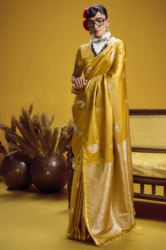 Gold pure satin handloom weaving silk blend festival wear saree