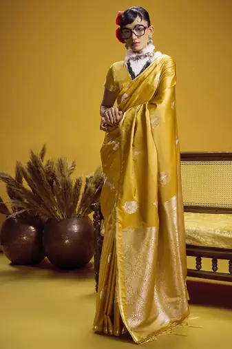 Gold pure satin handloom weaving silk blend festival wear saree