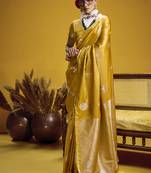 Gold pure satin handloom weaving silk blend festival wear saree