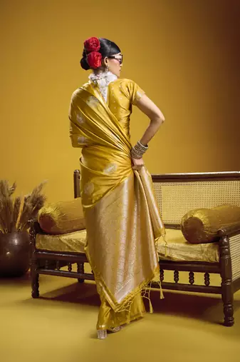 Gold pure satin handloom weaving silk blend festival wear saree