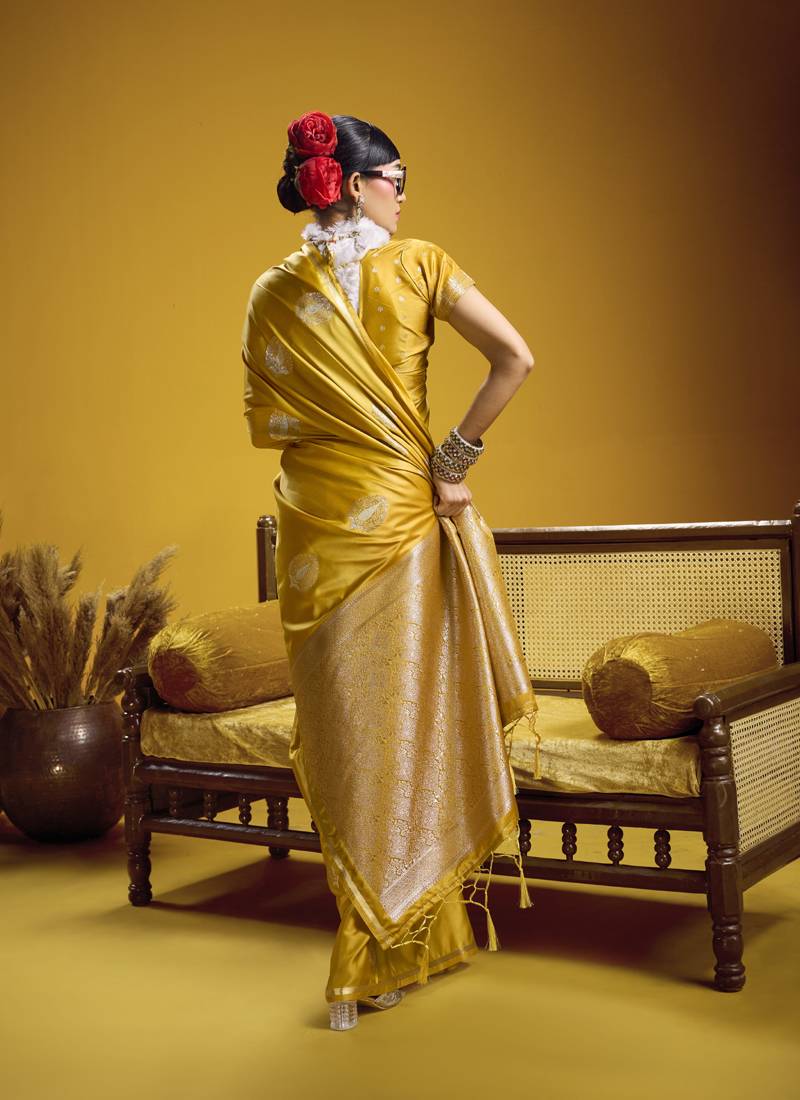 Gold pure satin handloom weaving silk blend festival wear saree