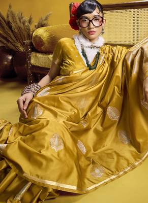 Gold pure satin handloom weaving silk blend festival wear saree 3