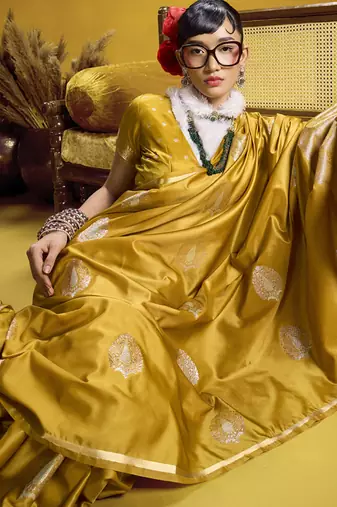 Gold pure satin handloom weaving silk blend festival wear saree