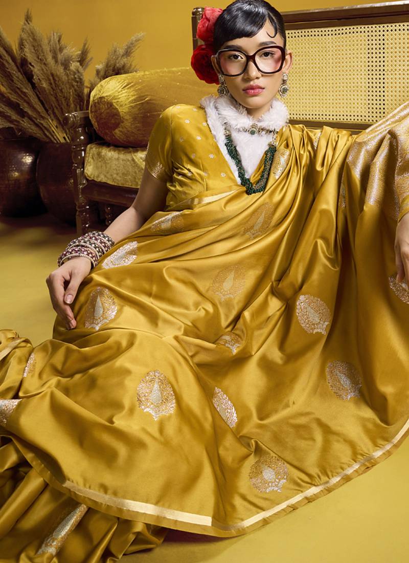Gold pure satin handloom weaving silk blend festival wear saree