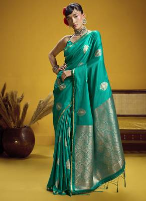 Turquoise pure satin handloom weaving silk blend festival wear saree 1