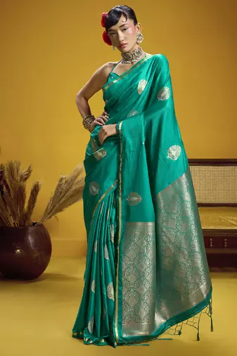 Turquoise pure satin handloom weaving silk blend festival wear saree