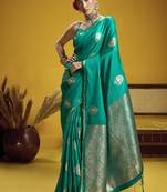 Turquoise pure satin handloom weaving silk blend festival wear saree