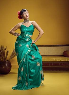 Turquoise pure satin handloom weaving silk blend festival wear saree 2