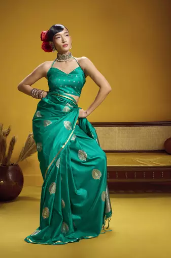 Turquoise pure satin handloom weaving silk blend festival wear saree