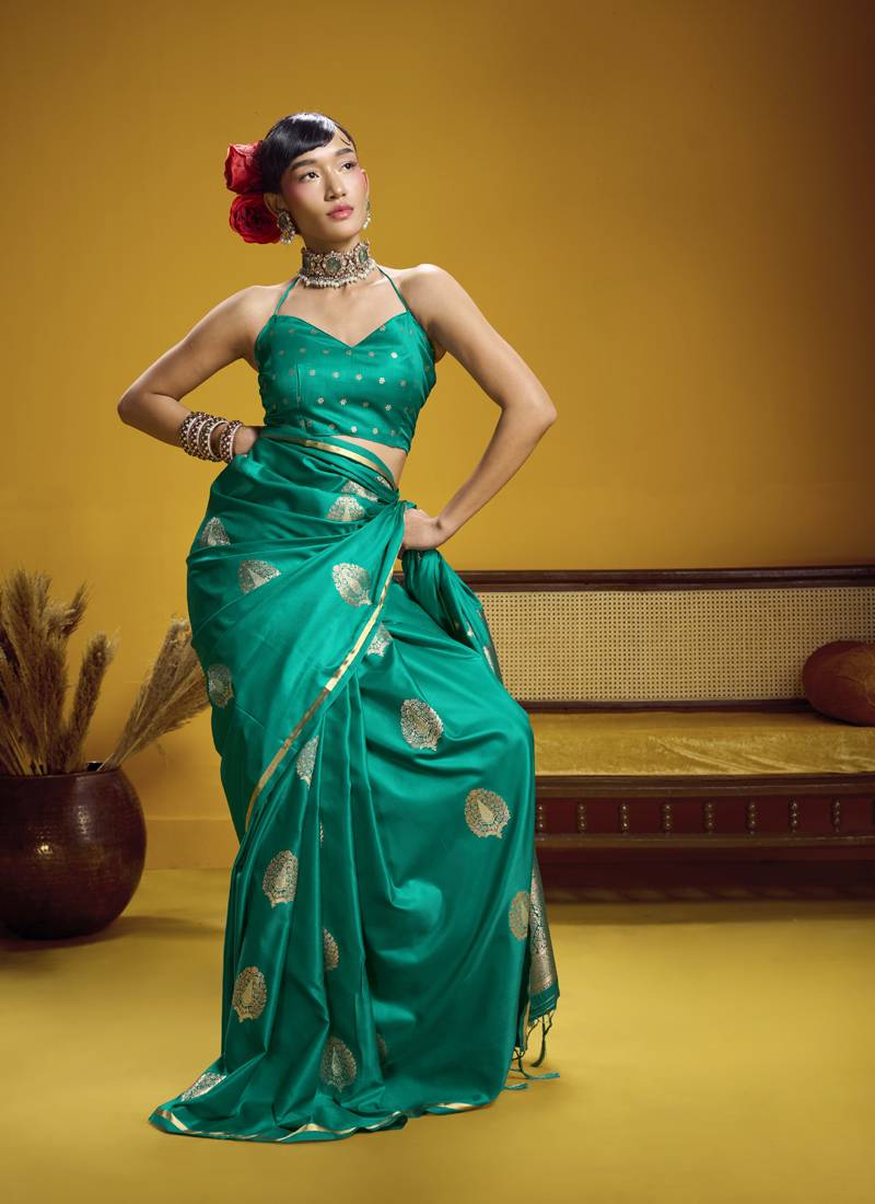 Turquoise pure satin handloom weaving silk blend festival wear saree
