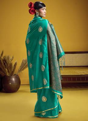 Turquoise pure satin handloom weaving silk blend festival wear saree 3