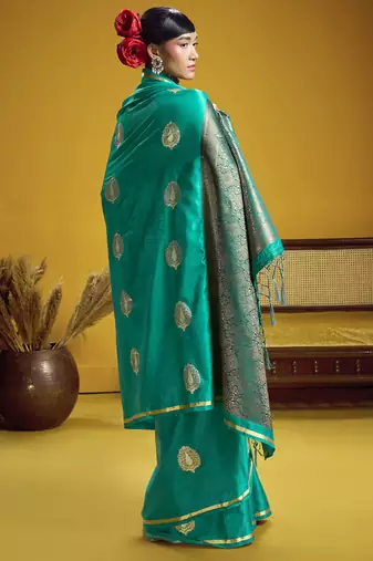 Turquoise pure satin handloom weaving silk blend festival wear saree
