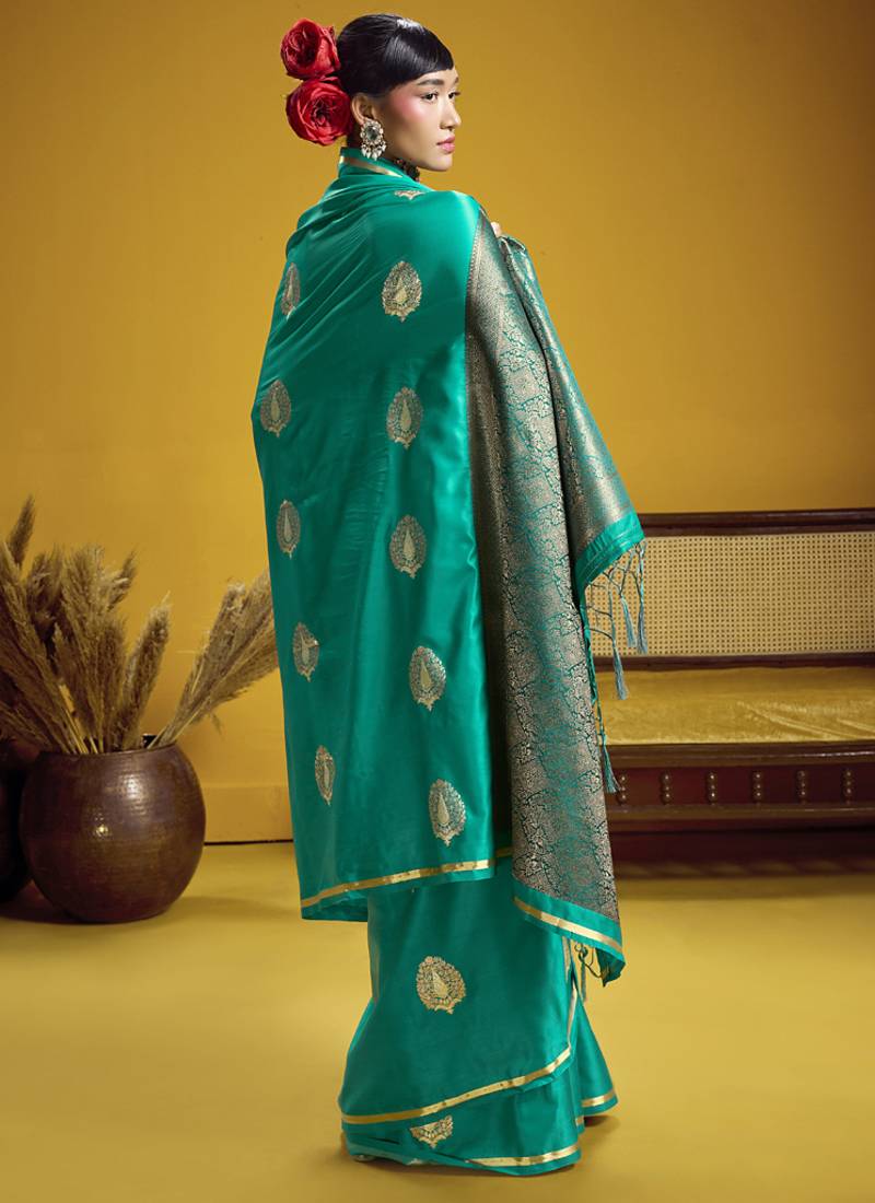 Turquoise pure satin handloom weaving silk blend festival wear saree