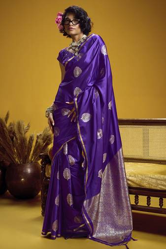 Purple pure satin handloom weaving silk blend festival wear saree