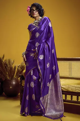 Purple pure satin handloom weaving silk blend festival wear saree