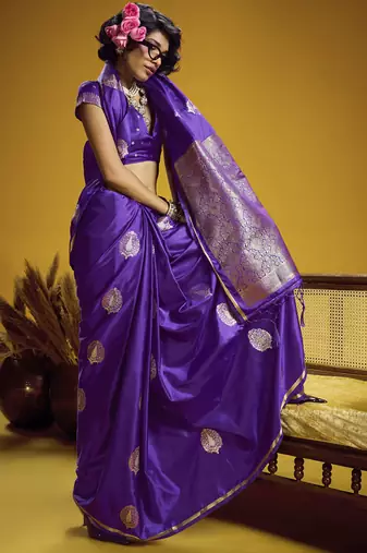 Purple pure satin handloom weaving silk blend festival wear saree
