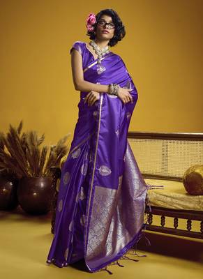 Purple pure satin handloom weaving silk blend festival wear saree 3