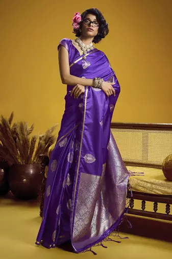 Purple pure satin handloom weaving silk blend festival wear saree