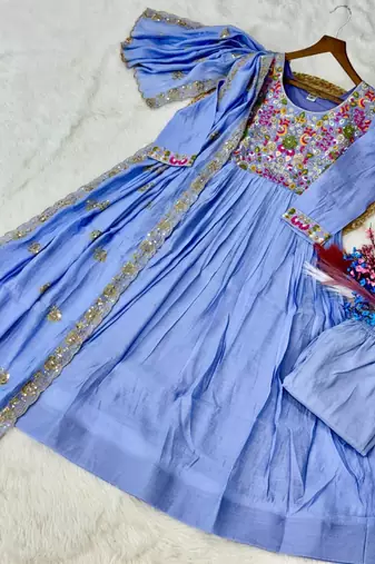 Blue chanderi embroidered kurta set