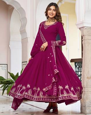 Magenta faux georgette embroidered flared gown set 1