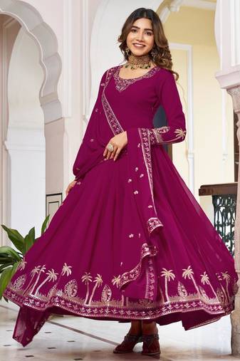Magenta faux georgette embroidered flared gown set