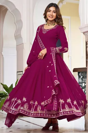 Magenta faux georgette embroidered flared gown set