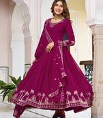 Magenta faux georgette embroidered flared gown set