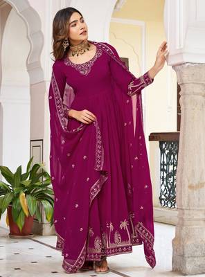 Magenta faux georgette embroidered flared gown set 2