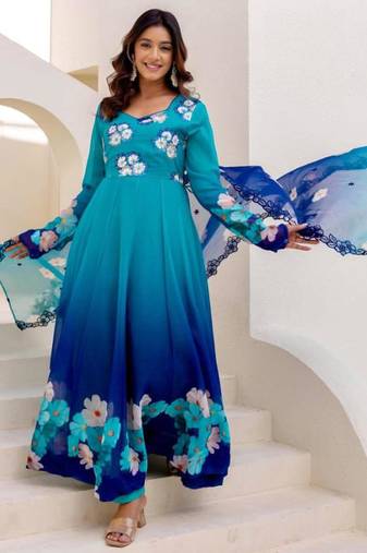 Blue organza embroidered flared gown set