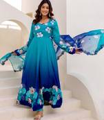 Blue organza embroidered flared gown set